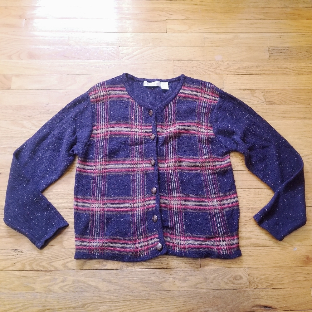 Dress Barn Womens Navy Button Striped Cardigan Ramie Blend Speckled Sweater XL